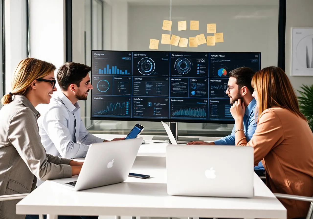 Team collaborating with AI dashboards in a modern workspace